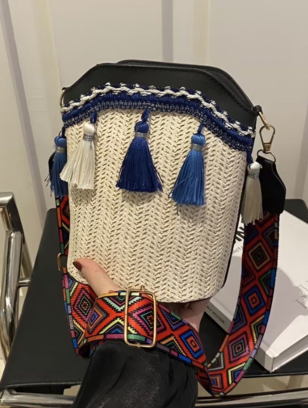 Woven Cream Crossbody Bag with Blue Tassels and Multicolor Strap